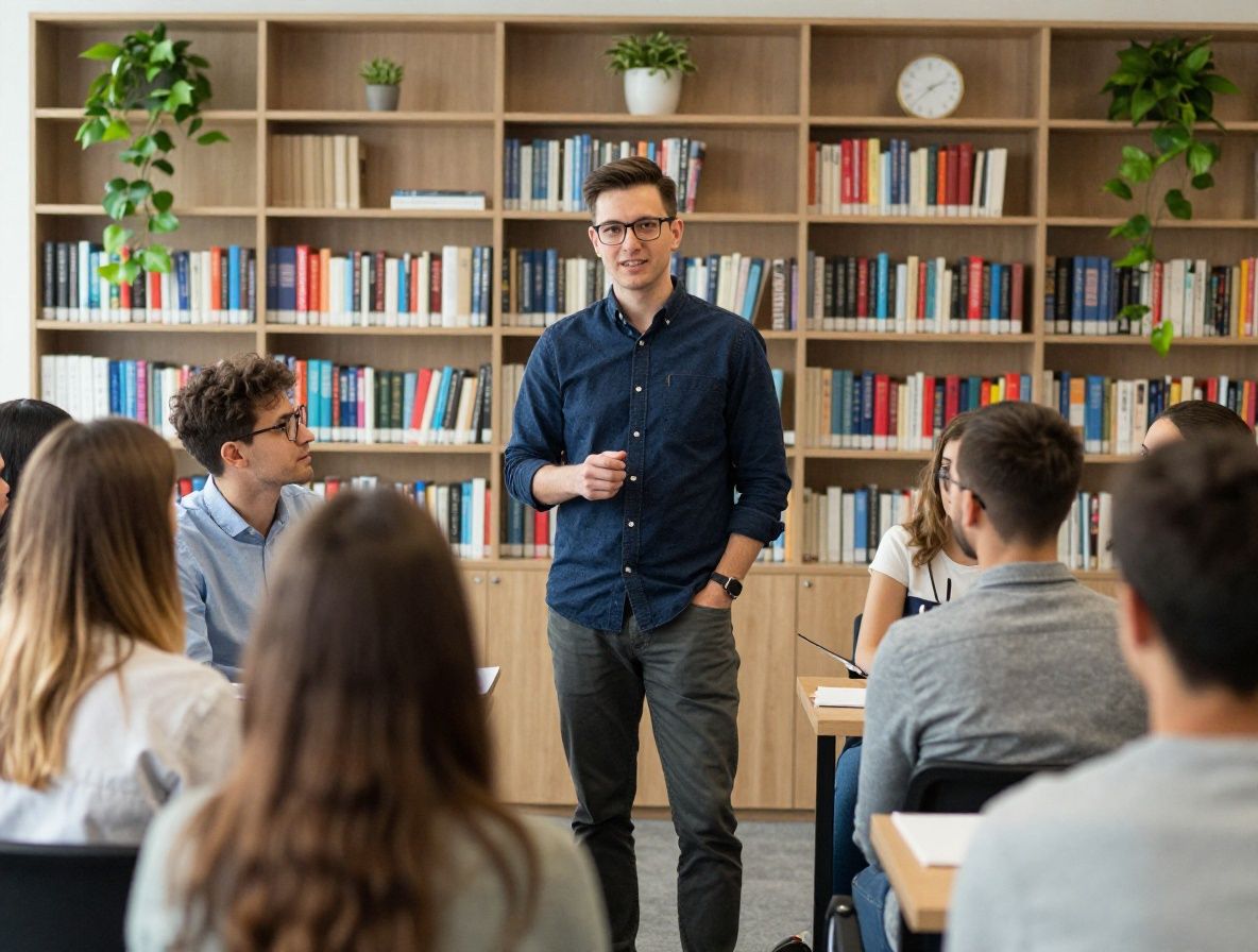 Психолог-преподаватель проводит живую сессию с небольшой группой студентов в уютном офисе с книжными полками и растениями