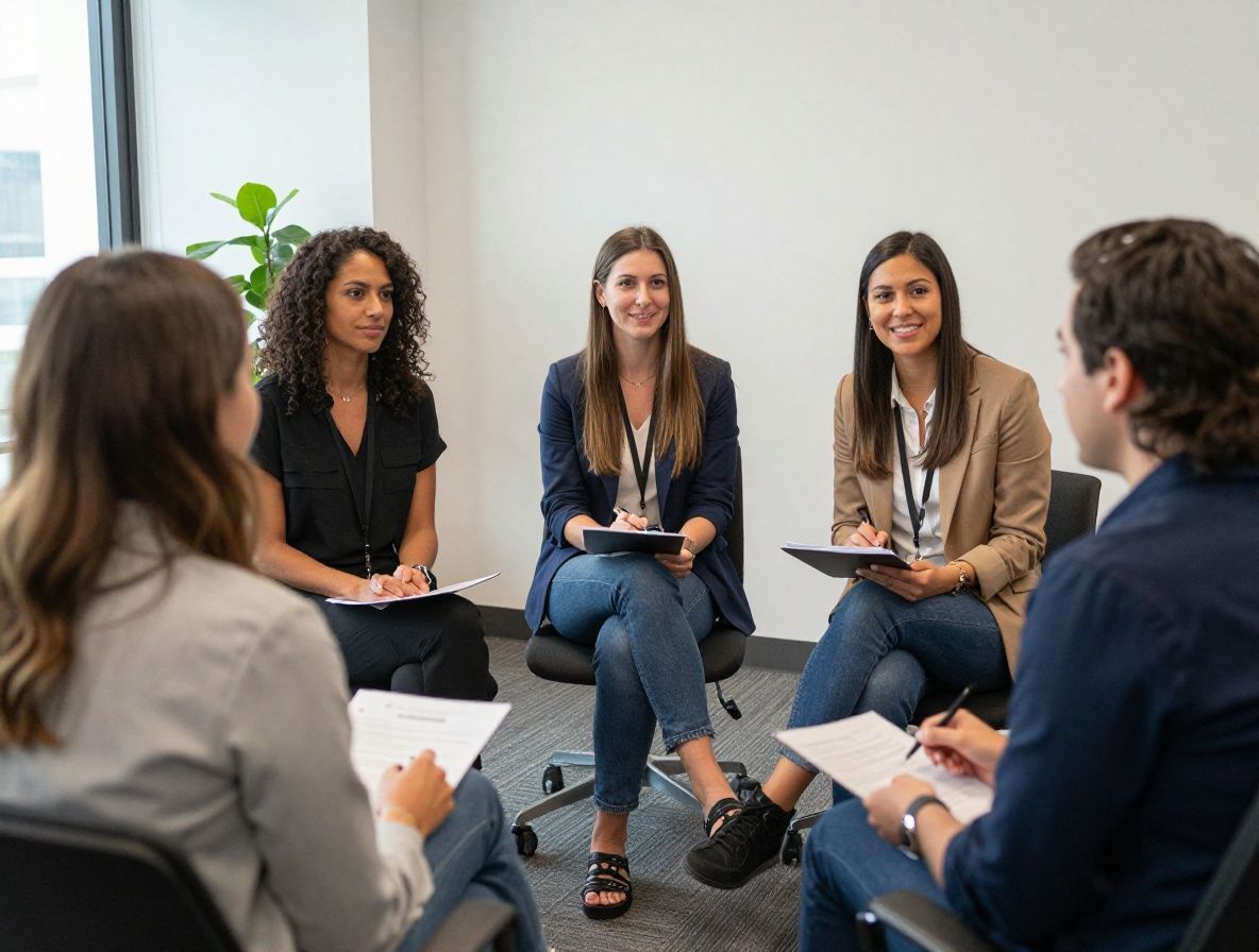 Команда специалистов Marovix — группа психологов и педагогов за рабочим совещанием в светлом офисе Лос-Анджелеса