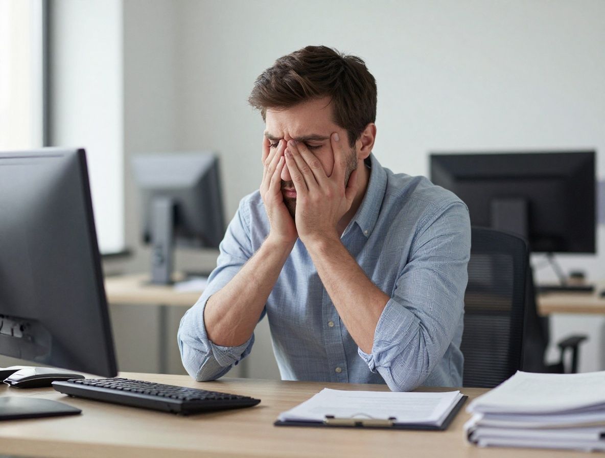 Усталый профессионал сидит за столом с ноутбуком, прикрыв лицо ладонями, мягкий офисный свет