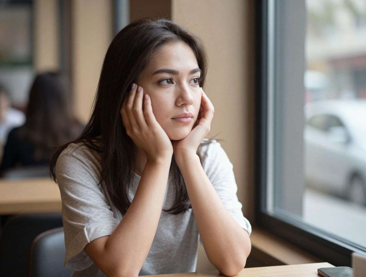 Молодая женщина задумчиво смотрит в окно в тихой кофейне, отражая эмоциональную осознанность и внутреннее размышление