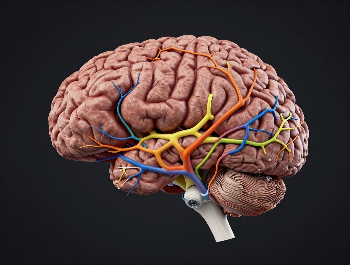 Иллюстрация мозга с цветными нейронными связями на тёмно-синем фоне, нейронаука и психология