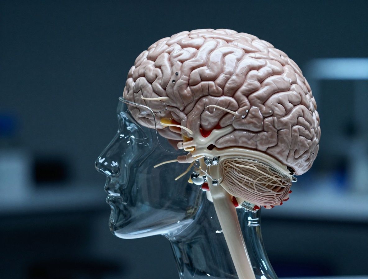 Крупный план модели мозга человека из стекла на фоне нейронных визуализаций, научная лаборатория с синим освещением