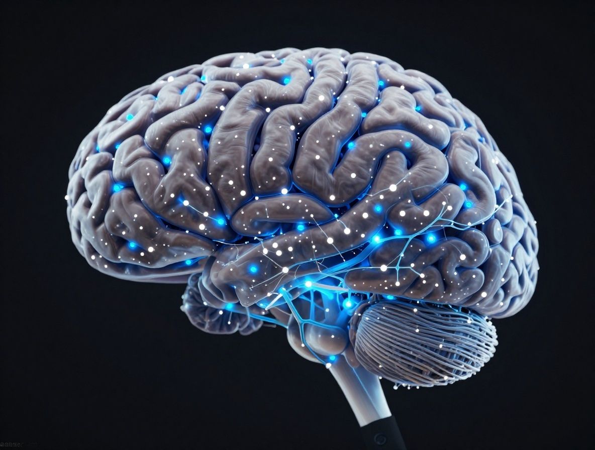 Трёхмерная визуализация нейронных связей мозга, светящиеся голубые и белые точки на тёмном фоне, научная иллюстрация