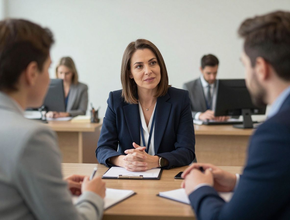 Психология отношений: двое взрослых людей беседуют в светлом кабинете психолога с мягкими креслами