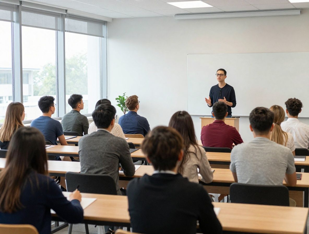 Уютная аудитория с группой взрослых студентов, слушающих лекцию по психологии, светлые деревянные столы и большие окна