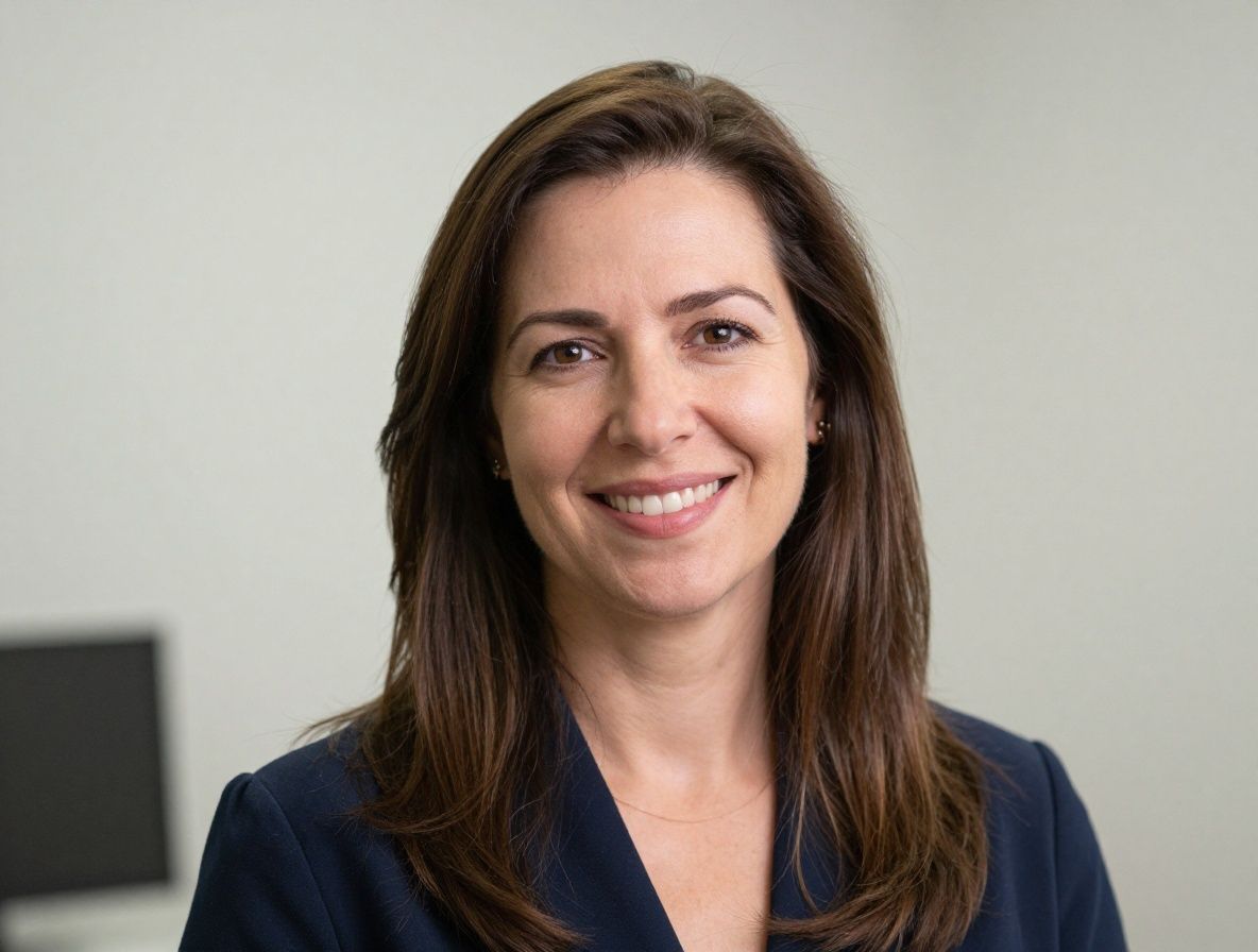 Женщина-психолог около 45 лет с тёплой улыбкой, профессиональный портрет в светлом кабинете