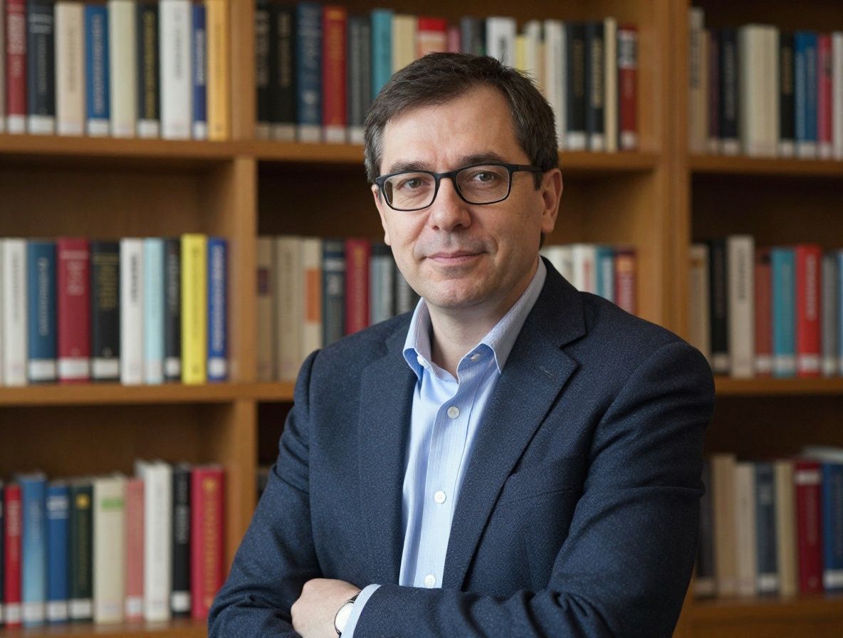 Мужчина-профессор около 50 лет с очками в уютном кабинете с книжными полками, профессиональный психолог